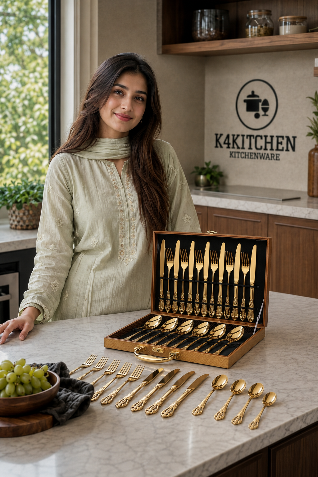 exquisite 24-piece gold-finish cutlery set